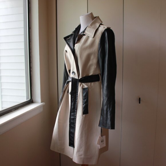 NWT Calvin Klein Trench Coat with Vegan Leather Contrast – Size L, Belted - Picture 3 of 16